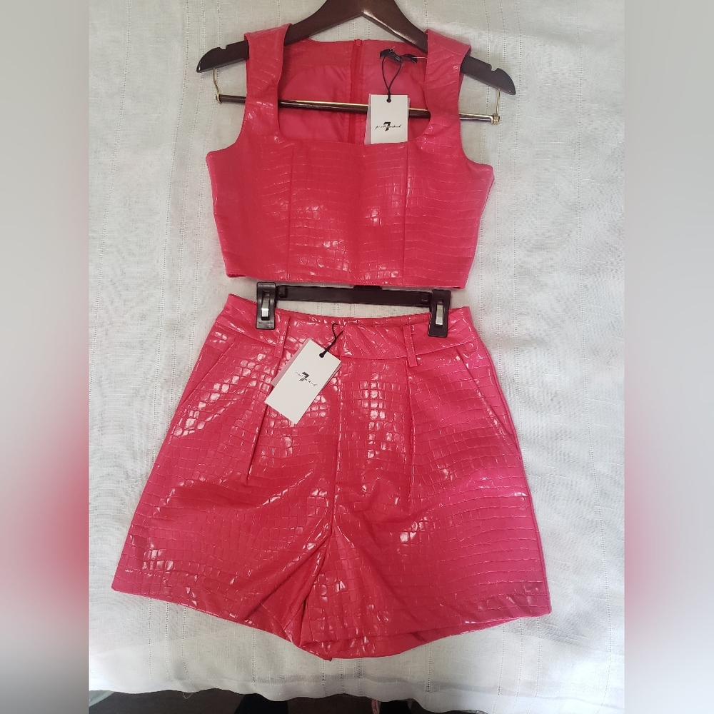 7 For All Mankind Croc Faux Leather Top and Shorts Set, Size XS, New, Hot Pink